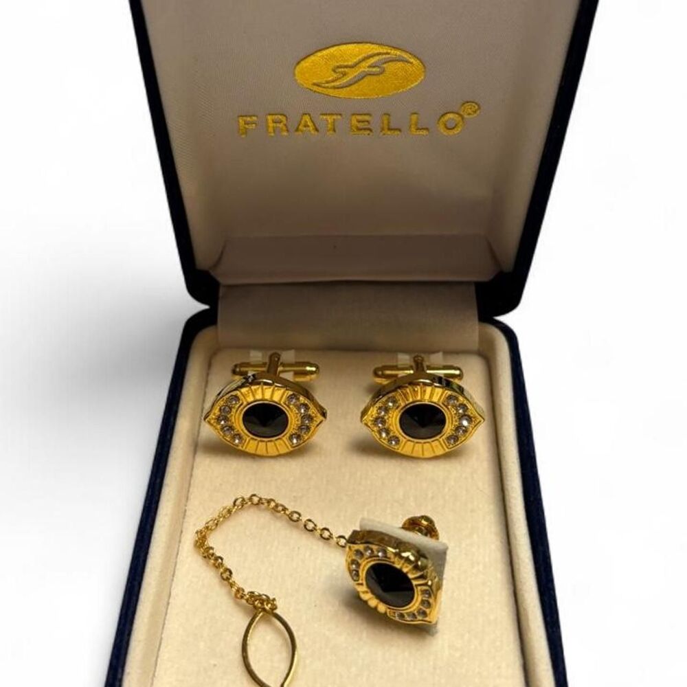 Fratello Gold-Tone Black Stone Cufflinks & Tie Tack Set